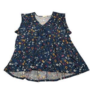 Loralette Women's 3X Blouse Tunic Top Floral Blue Pleated V Neck Flowy Plus G10